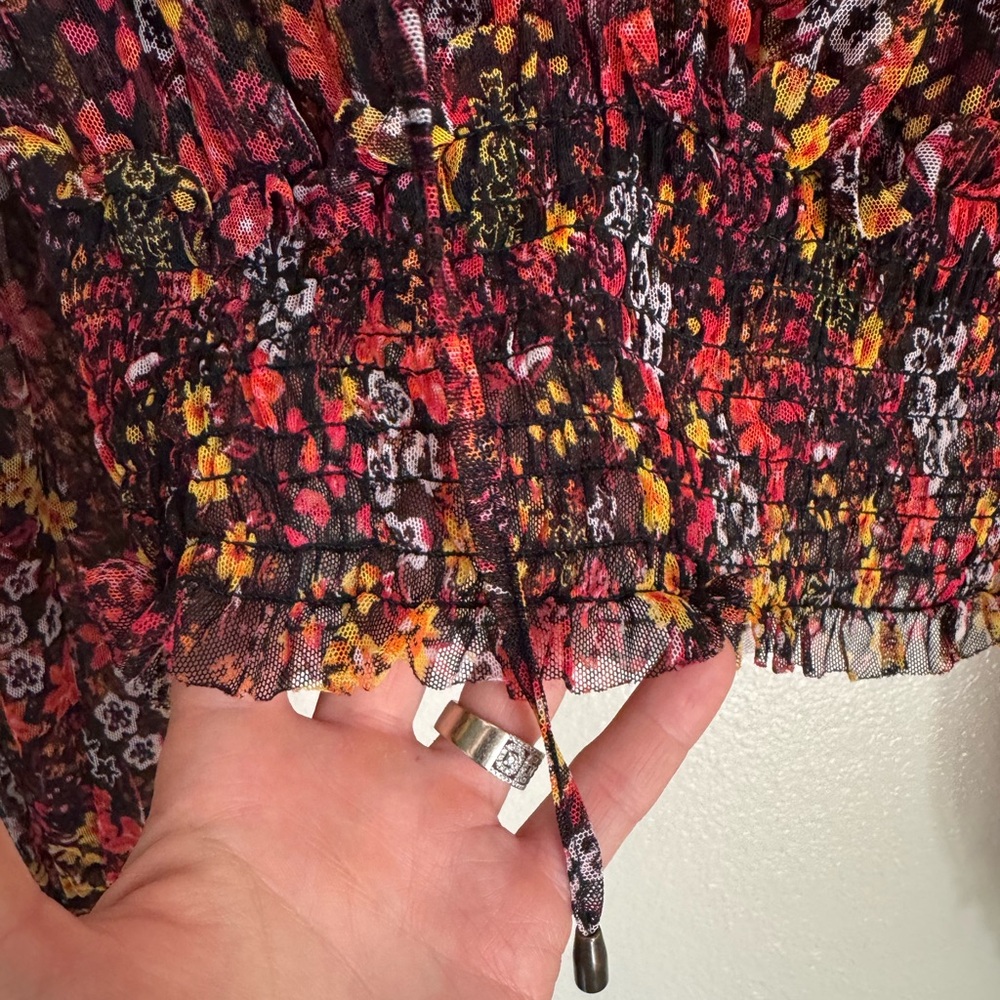Free People XS Twyla Smocked Sheer Ruffle Long Sleeve Floral V-Neck Top Blouse - Picture 5 of 11